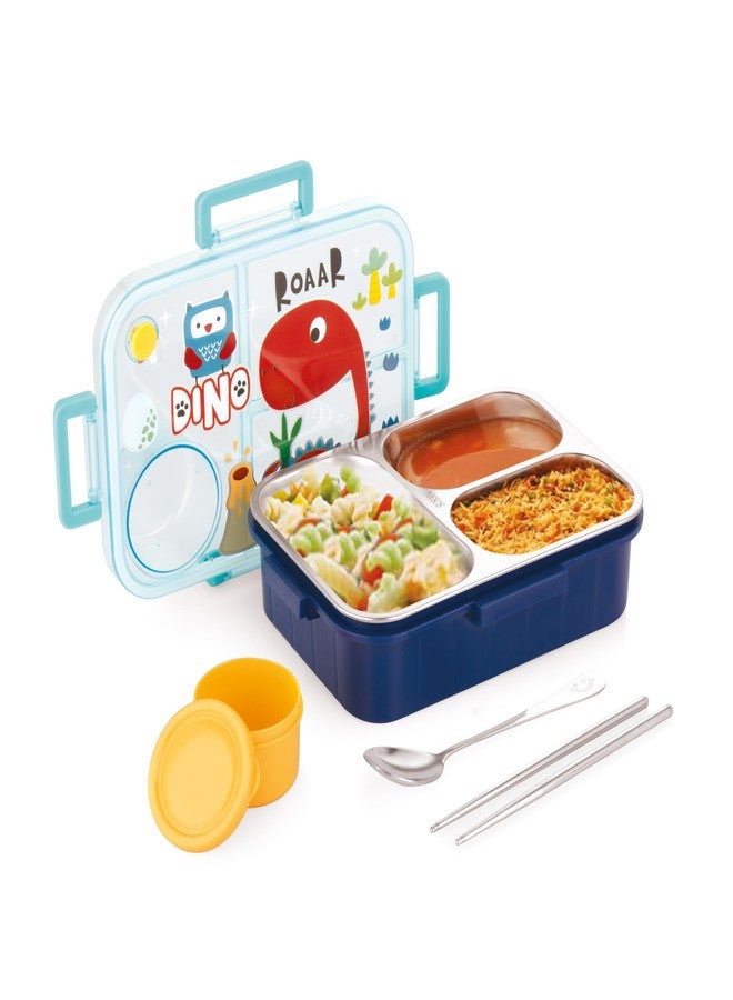 ATTRO Bestie Kids Lunch Box Dinosaur Printed with Inner Stainless Steel 3 Compartment 1 Small Container Air-Tight Leakproof BPA Free 750ml+80ml- Dark Blue - Image 1